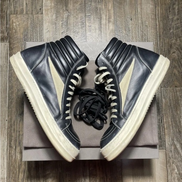 Rick Owens Black and Cream High-Top Sneakers - Picture 1 of 10